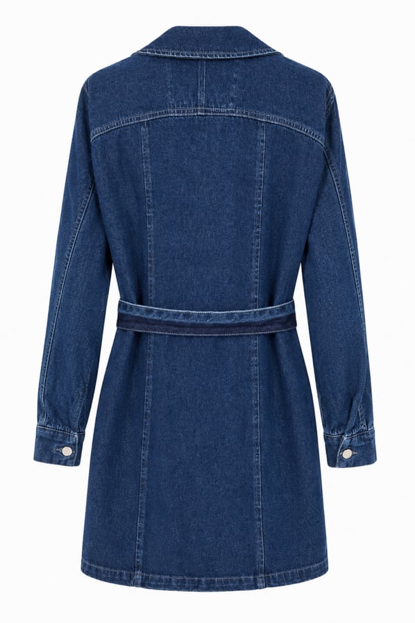 Kruvaze Yaka Boydan Düğmeli Kemer Detay Lacivert Denim ElbiseSezgi Tekin