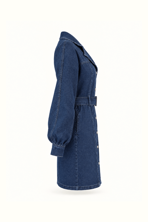 Kruvaze Yaka Boydan Düğmeli Kemer Detay Lacivert Denim ElbiseSezgi Tekin