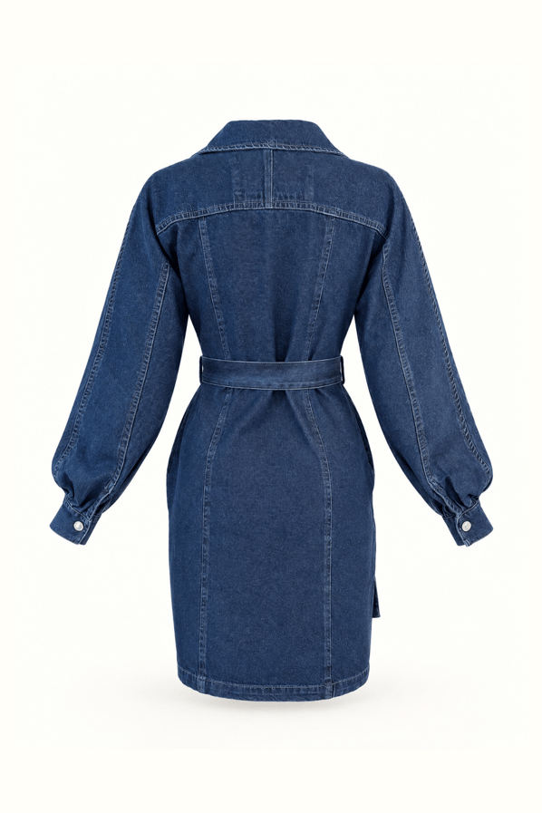 Kruvaze Yaka Boydan Düğmeli Kemer Detay Lacivert Denim ElbiseSezgi Tekin