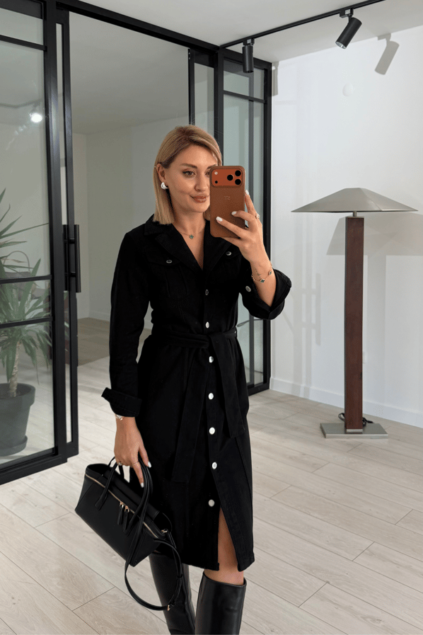 Kruvaze Yaka Boydan Düğmeli Siyah Denim ElbiseSezgi Tekin