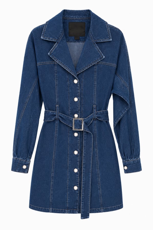 Kruvaze Yaka Boydan Düğmeli Kemer Detay Lacivert Denim ElbiseSezgi Tekin