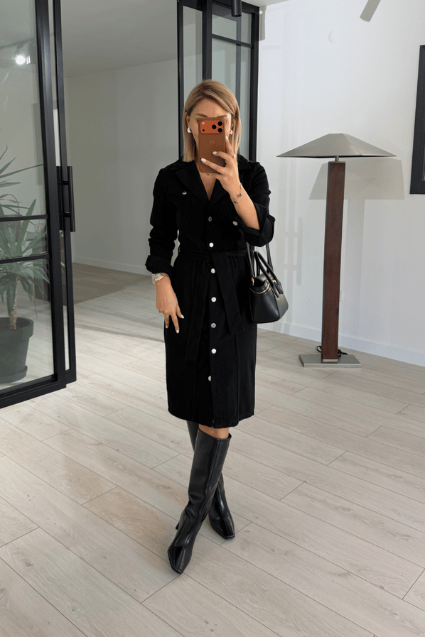 Kruvaze Yaka Boydan Düğmeli Siyah Denim ElbiseSezgi Tekin
