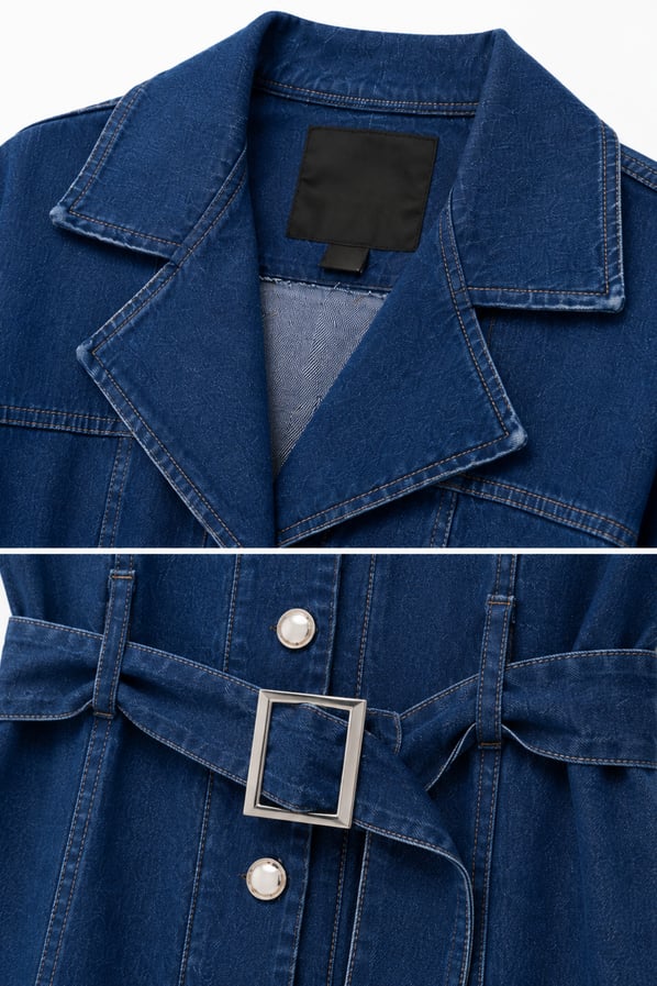 Kruvaze Yaka Boydan Düğmeli Kemer Detay Lacivert Denim ElbiseSezgi Tekin