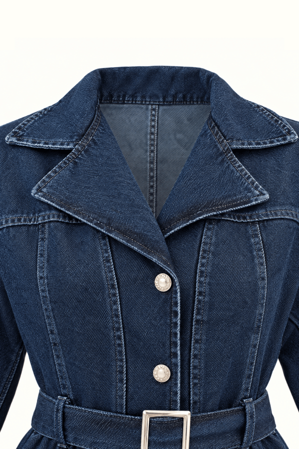 Kruvaze Yaka Boydan Düğmeli Kemer Detay Lacivert Denim ElbiseSezgi Tekin