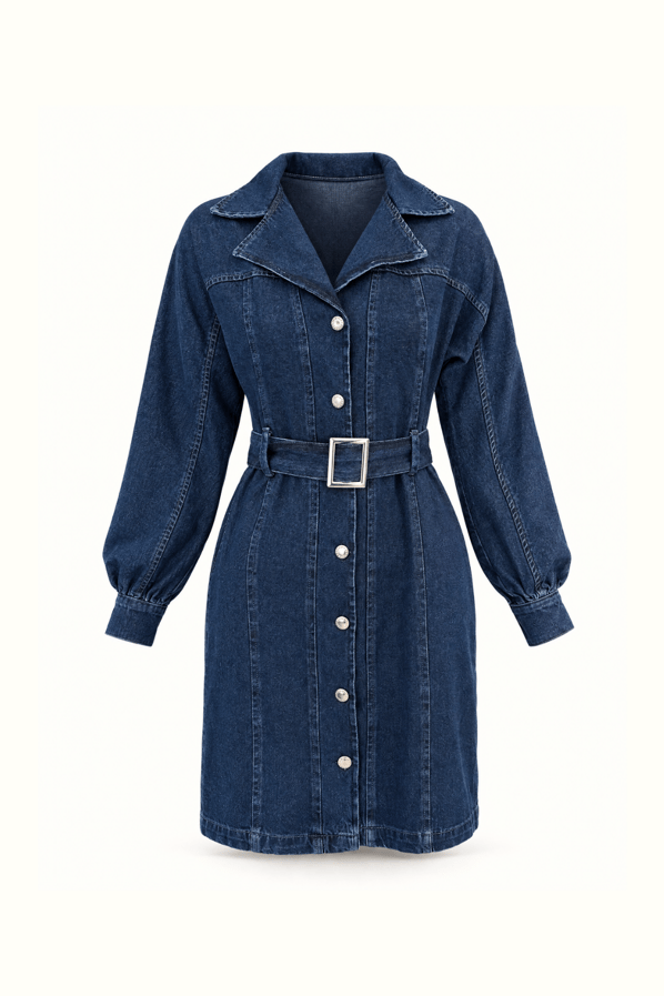 Kruvaze Yaka Boydan Düğmeli Kemer Detay Lacivert Denim ElbiseSezgi Tekin