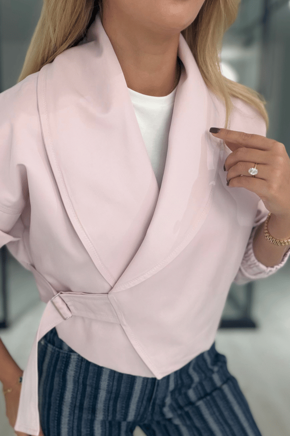 Kruvaze Yaka Kemerli Pudra CeketSezgi Tekin