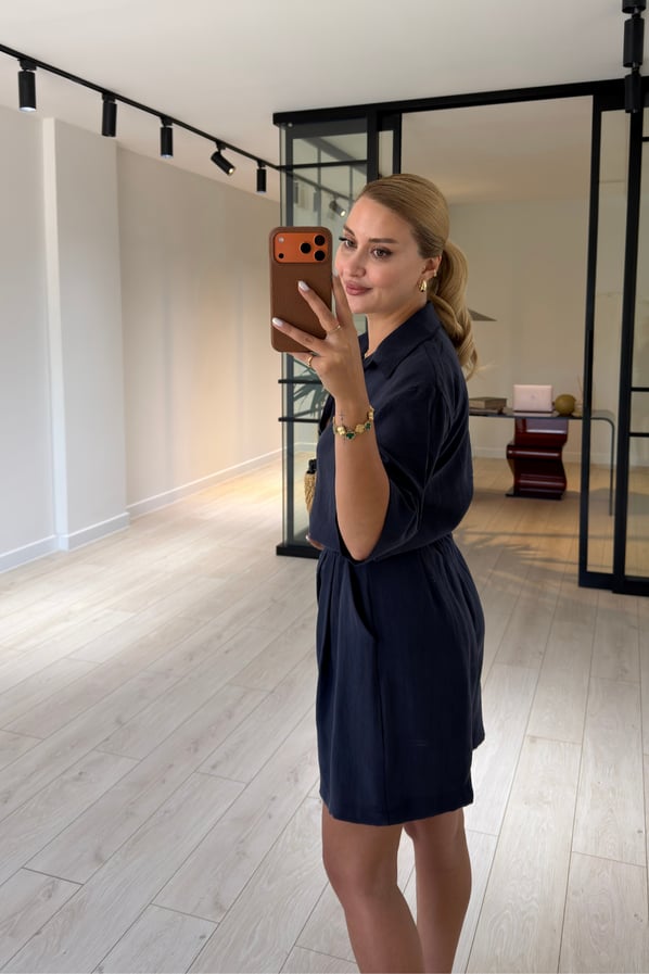 Lacivert Piliseli Şort / Gömlek Tensel Modal TakımSezgi Tekin