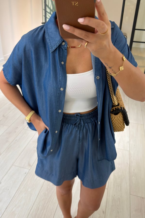 Lacivert Tensel Denim Gömlek/Şort TakımSezgi Tekin