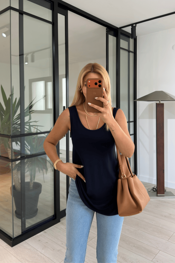 Ön Arka Havuz Yaka Lacivert Basic BluzSezgi Tekin