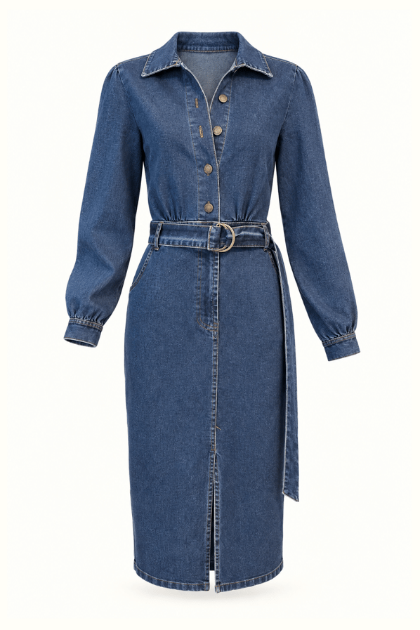 Önden Yırtmaçlı Likralı Lacivert Denim ElbiseSezgi Tekin