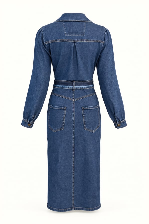 Önden Yırtmaçlı Likralı Lacivert Denim ElbiseSezgi Tekin
