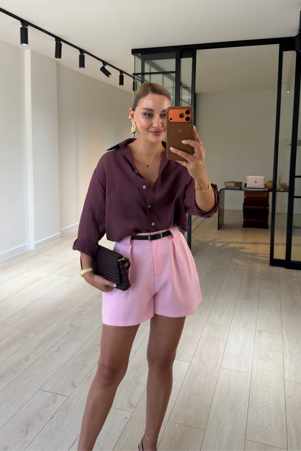 Oversize Doğal Dokulu Mürdüm GömlekSezgi Tekin