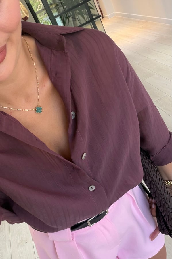Oversize Doğal Dokulu Mürdüm GömlekSezgi Tekin
