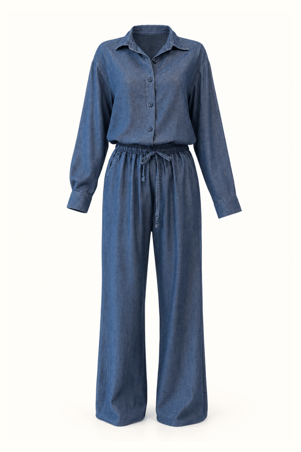 Oversize Gömlek-Pantolon Mavi Tensel Denim TakımSezgi Tekin