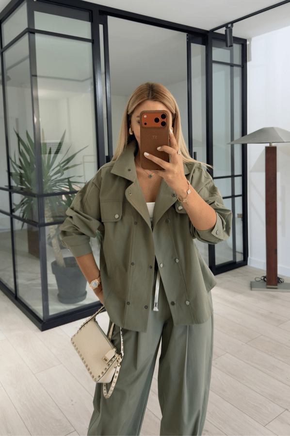 Pat Düğmeli Oversize Ceket Slouchy Pantolon Haki TakımSezgi Tekin