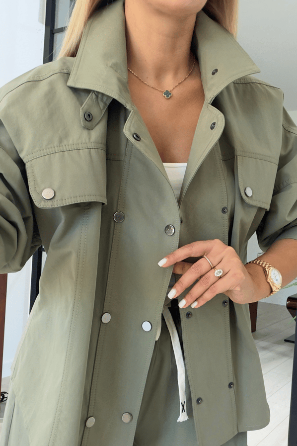 Pat Düğmeli Oversize Ceket Slouchy Pantolon Haki TakımSezgi Tekin