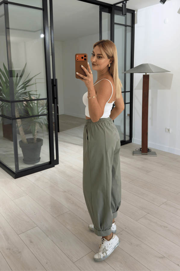 Pat Düğmeli Oversize Ceket Slouchy Pantolon Haki TakımSezgi Tekin