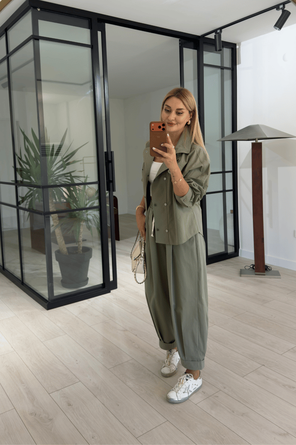 Pat Düğmeli Oversize Ceket Slouchy Pantolon Haki TakımSezgi Tekin
