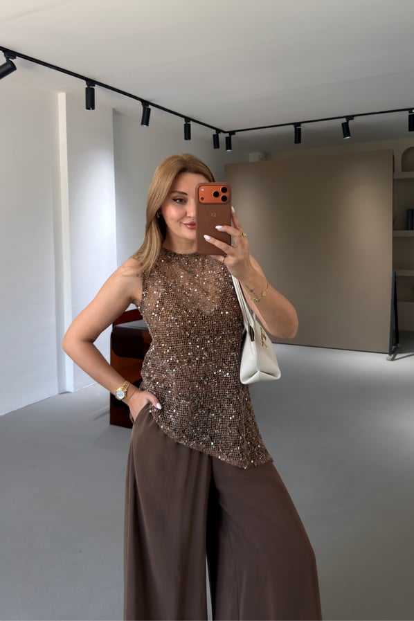 Payet Detay Atletli Asimetrik Kahve File BluzSezgi Tekin