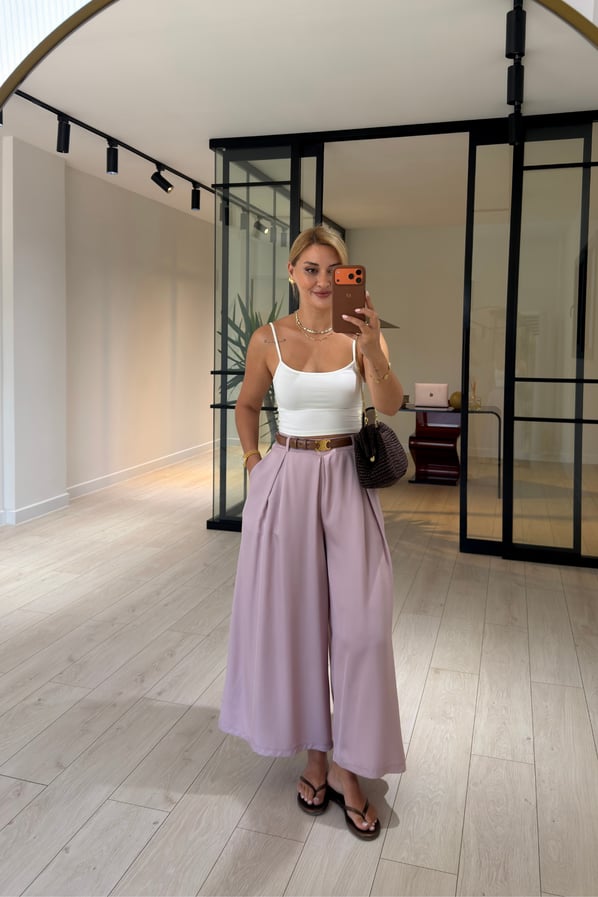 Pileli Pudra Pembe Tensel PantolonSezgi Tekin