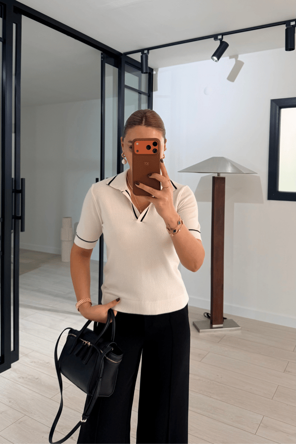 Polo Yaka Biyeli Ekru Triko BluzSezgi Tekin