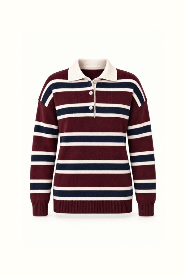 Polo Yaka Bordo Lacivert Çizgili TrikoSezgi Tekin