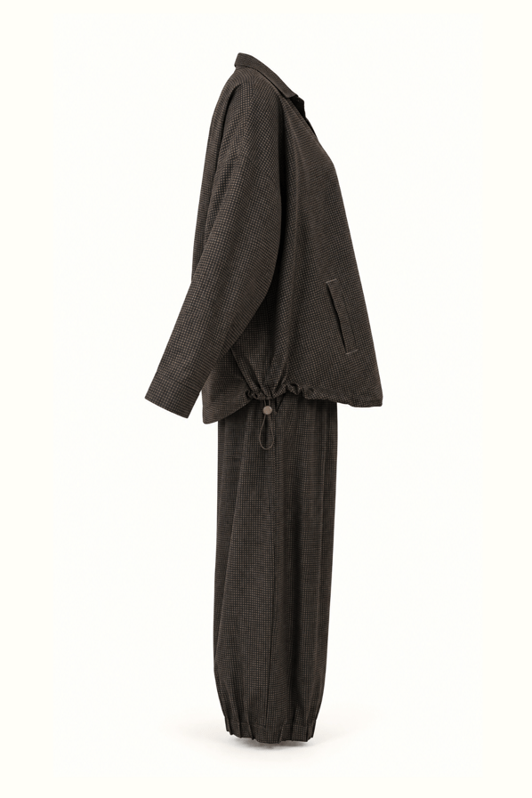 Pötikareli Oversize Gömlek Slouchy Pantolon Kahve TakımSezgi Tekin