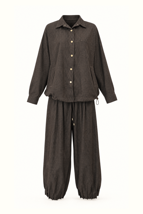 Pötikareli Oversize Gömlek Slouchy Pantolon Kahve TakımSezgi Tekin