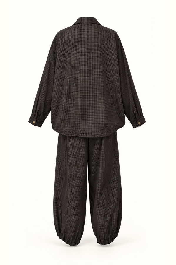Pötikareli Oversize Gömlek Slouchy Pantolon Kahve TakımSezgi Tekin