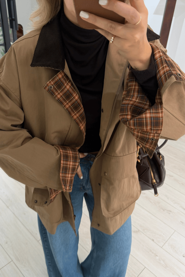 Premium Seri Ekose Astarlı Oversize Camel ParkaSezgi Tekin
