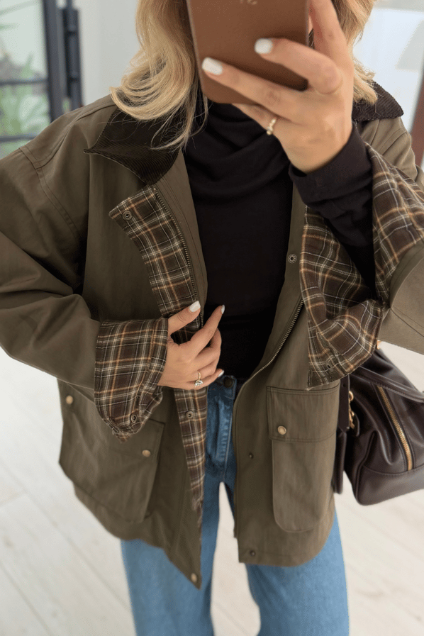Premium Seri Ekose Astarlı Oversize Haki ParkaSezgi Tekin