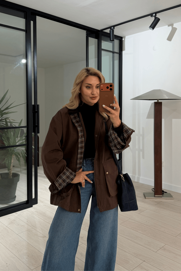 Premium Seri Ekose Astarlı Oversize Kahve ParkaSezgi Tekin