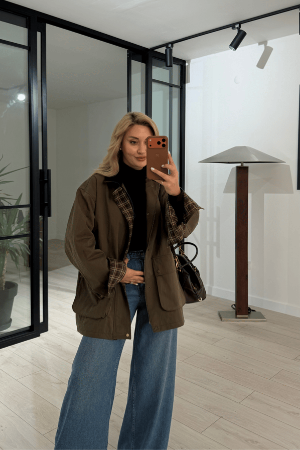 Premium Seri Ekose Astarlı Oversize Haki ParkaSezgi Tekin