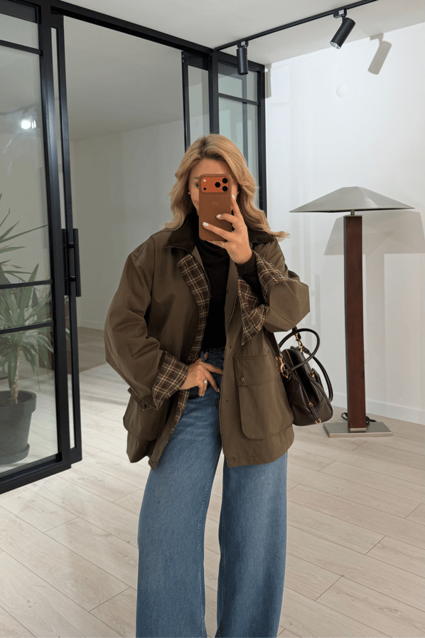 Premium Seri Ekose Astarlı Oversize Haki ParkaSezgi Tekin