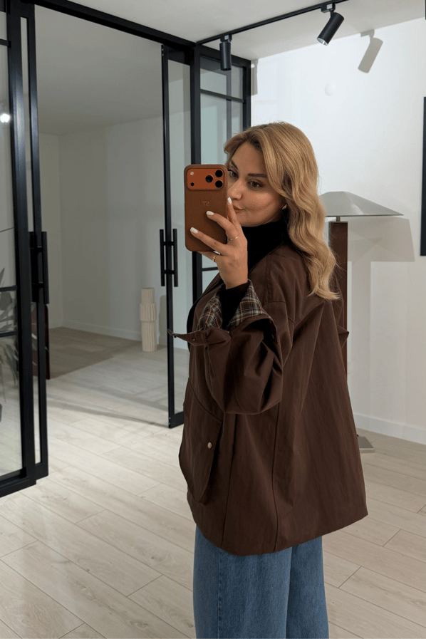 Premium Seri Ekose Astarlı Oversize Kahve ParkaSezgi Tekin