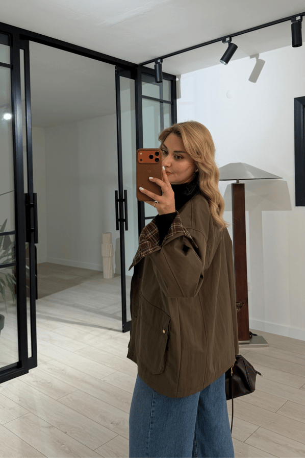 Premium Seri Ekose Astarlı Oversize Haki ParkaSezgi Tekin