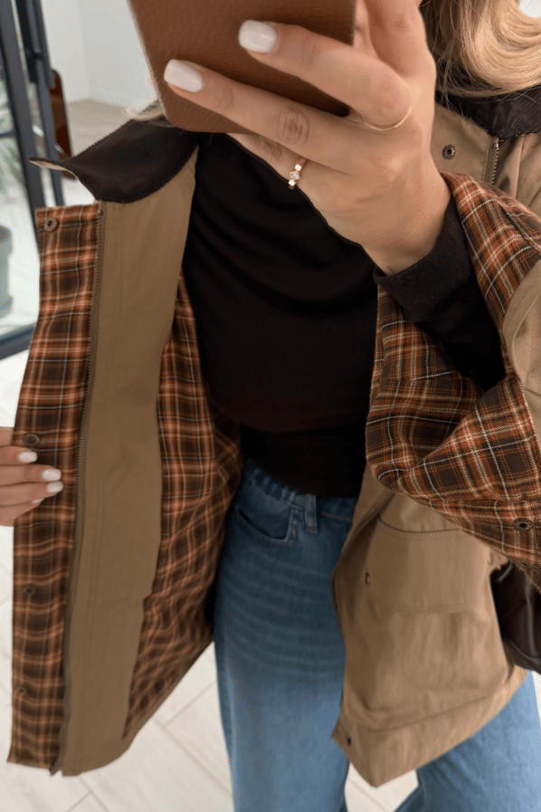 Premium Seri Ekose Astarlı Oversize Camel ParkaSezgi Tekin