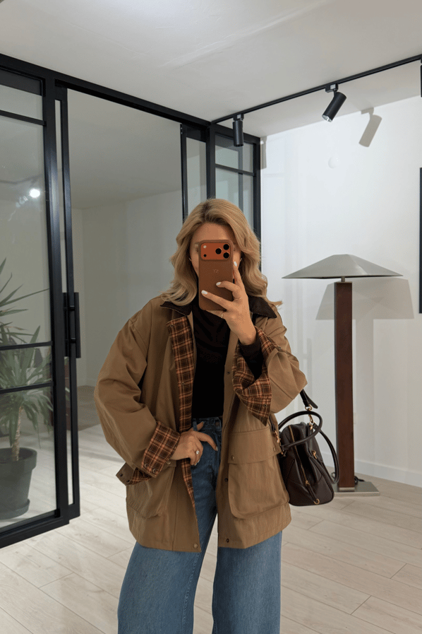 Premium Seri Ekose Astarlı Oversize Camel ParkaSezgi Tekin