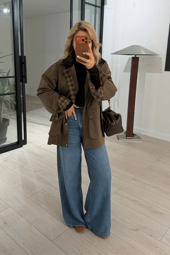 Premium Seri Ekose Astarlı Oversize Haki ParkaSezgi Tekin
