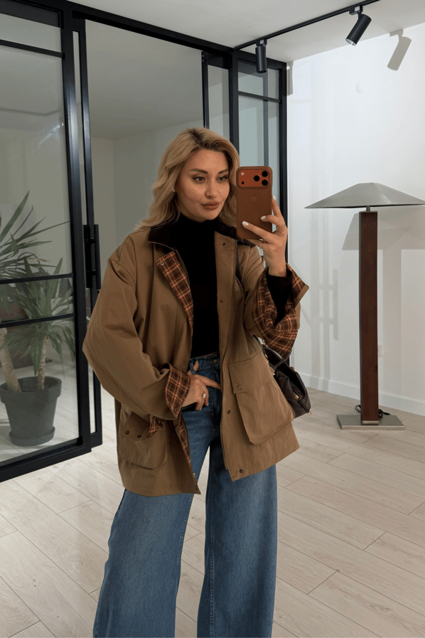 Premium Seri Ekose Astarlı Oversize Camel ParkaSezgi Tekin