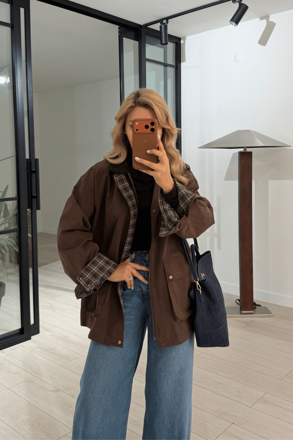 Premium Seri Ekose Astarlı Oversize Kahve ParkaSezgi Tekin