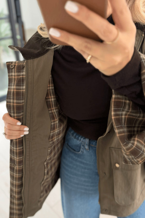 Premium Seri Ekose Astarlı Oversize Haki ParkaSezgi Tekin
