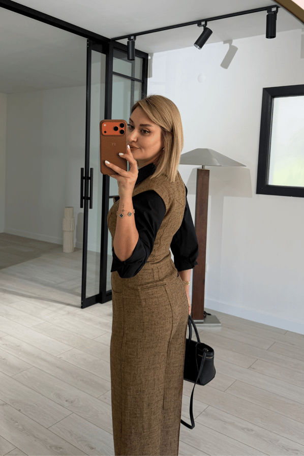 Premium Seri Kare Yaka Camel Tüvit Tulum Sezgi Tekin