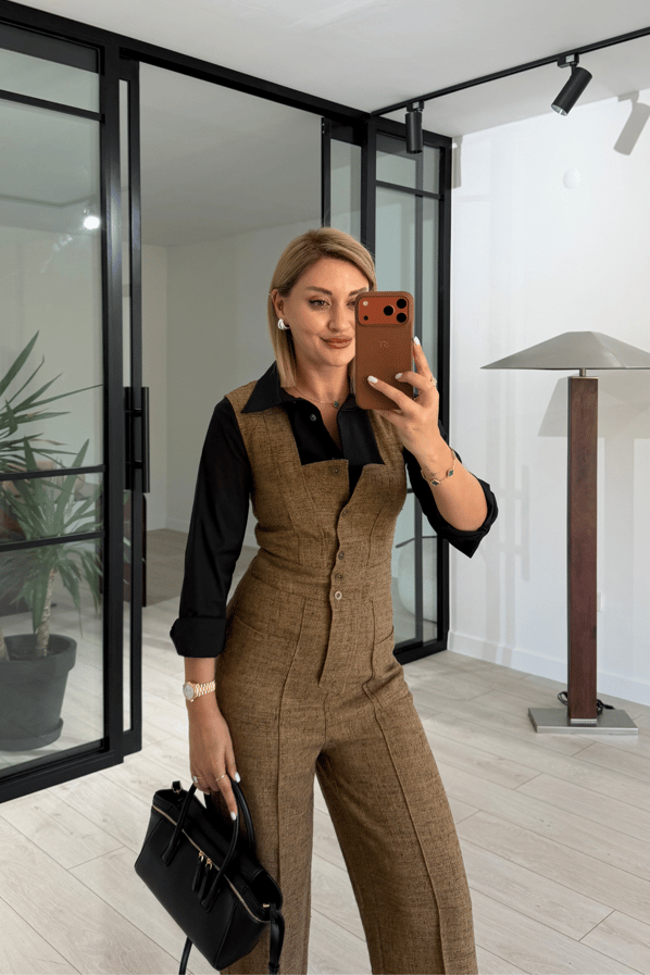 Premium Seri Kare Yaka Camel Tüvit Tulum Sezgi Tekin