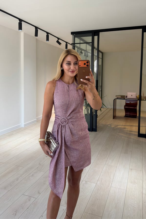 Premium Seri Kemer Detay Simli Pudra Pembe Keten ElbiseSezgi Tekin