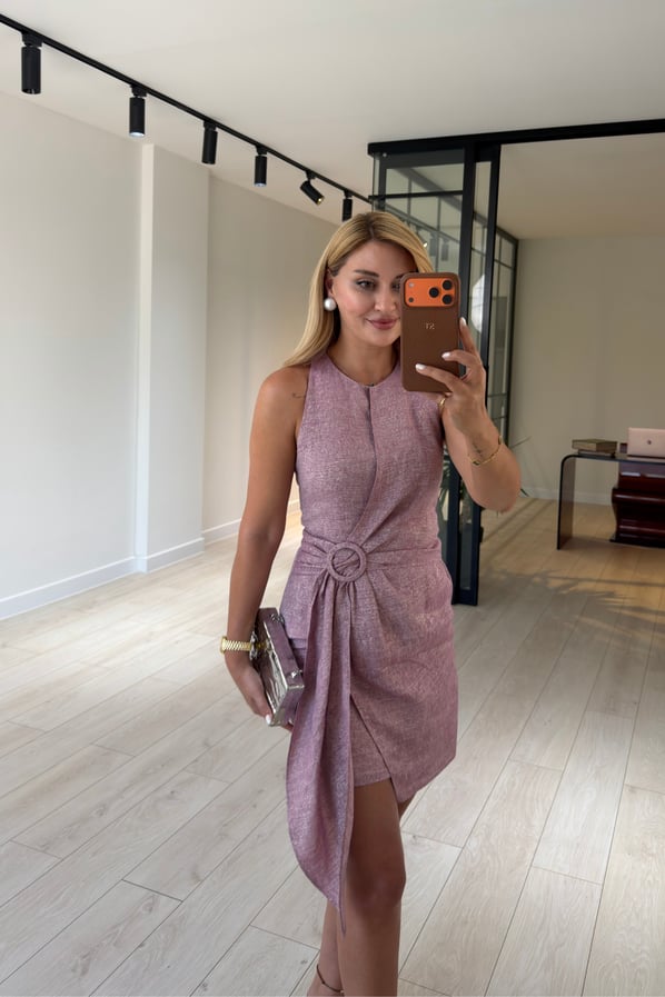 Premium Seri Kemer Detay Simli Pudra Pembe Keten ElbiseSezgi Tekin