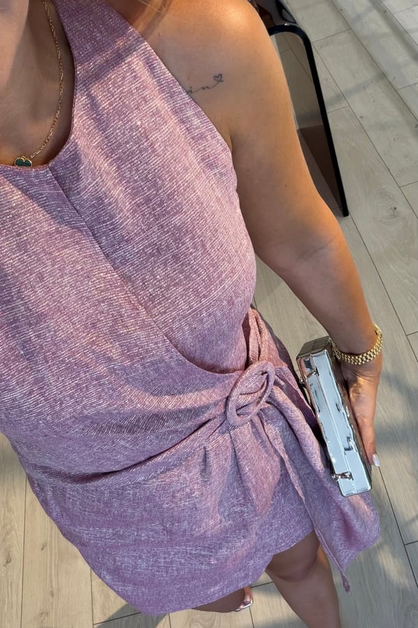 Premium Seri Kemer Detay Simli Pudra Pembe Keten ElbiseSezgi Tekin