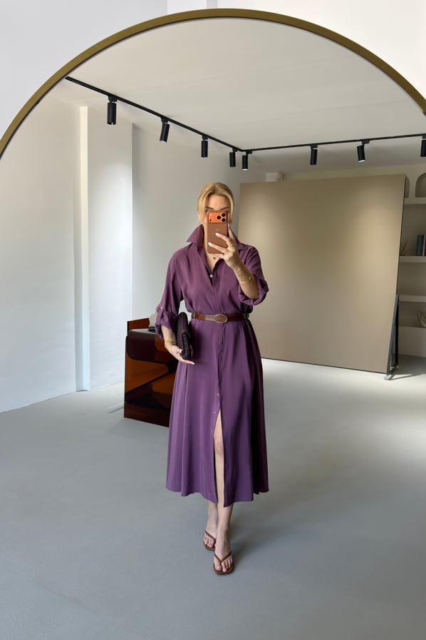 Premium Seri Kemerli Mürdüm Modal Elbise 