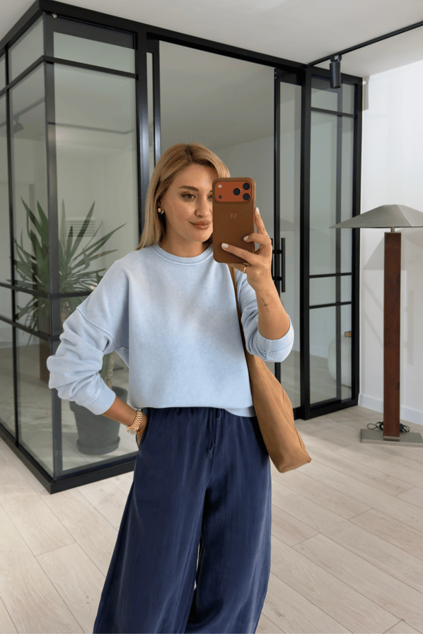 Premium Seri Mavi Yıkamalı Basic SweatSezgi Tekin