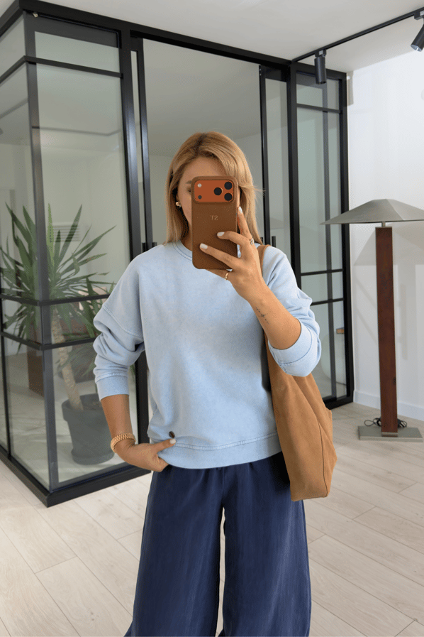 Premium Seri Mavi Yıkamalı Basic SweatSezgi Tekin